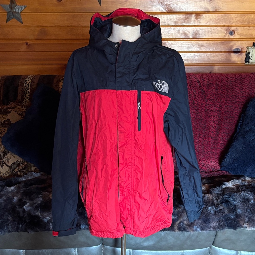 North Face Red and Blue Two-Tone Hooded Windbreaker Jacket Large
